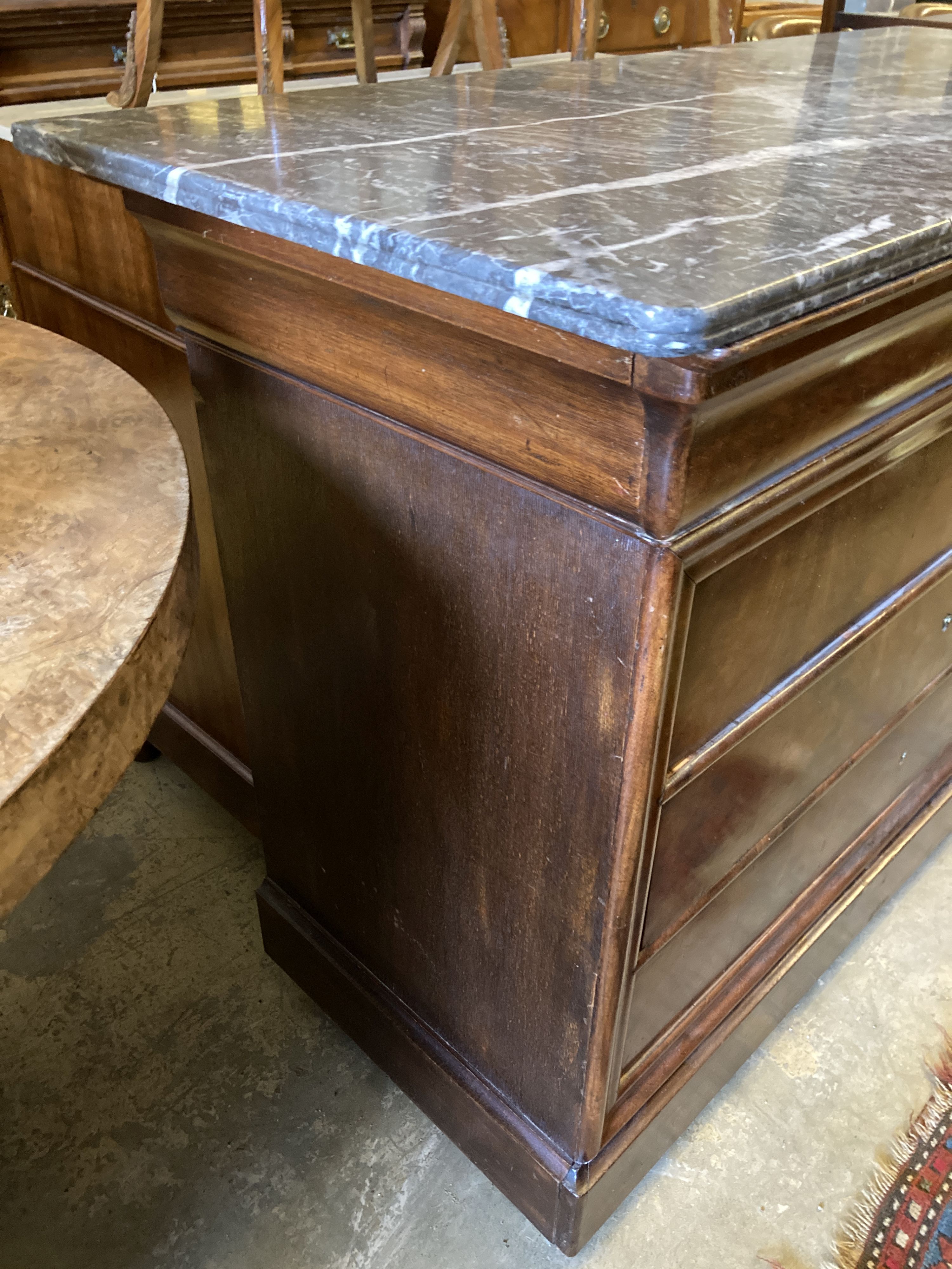 A 19th century French mahogany marble top commode, width 124cm, depth 53cm, height 93cm